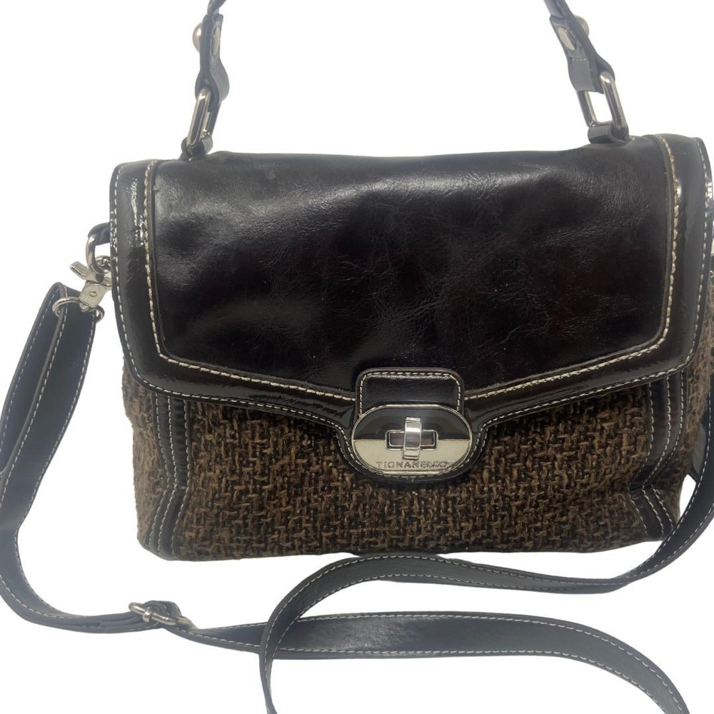 Tignanello Brown‎ Tweed Leather Trim Satchel Shoulder Crossbody Bag - Picture 12 of 12